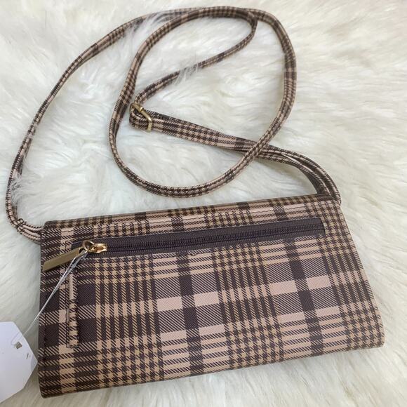 TIME and TRU Brown Plaid Faux Leather Crossbody Clutch Wallet-on-a-String NWT - Picture 4 of 13